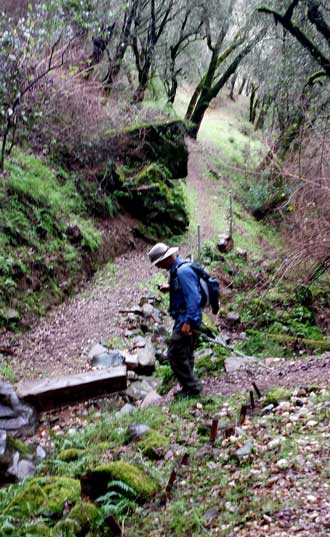 John is crossing a creek on the trail, Behind: Preparing for lunch in the rain on the Mokelemne River