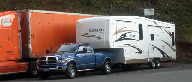 Both trailers parked at the Seven Feathers Casino in Canyonville, The KOTR on the way to Salem and the Cameo on the way from Salem.