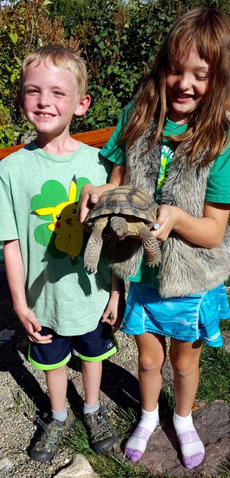 Noah and Chloe show off the tortoise from the back yard