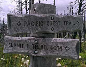 Junction of PCT with Summit Lake Trail, Behind: Panorama of the Mt. Washington wilderness