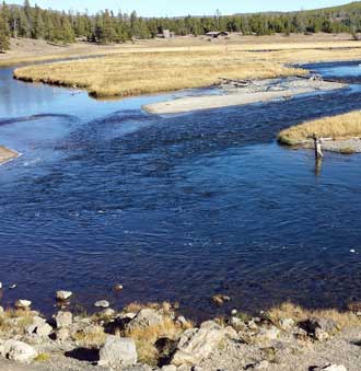 The Gibbon (on the left) and Firehole (on the right) Rivers converge to create the Madison River (bottom right).
