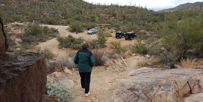 Jeanne hiking back to our vehicles