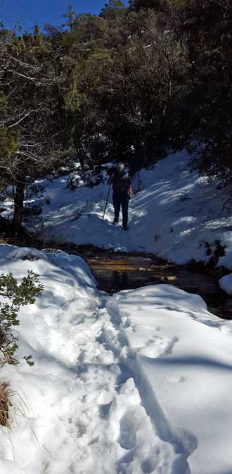 The trail is snow covered about half the distance and we follow a small creek as we pass through a valley