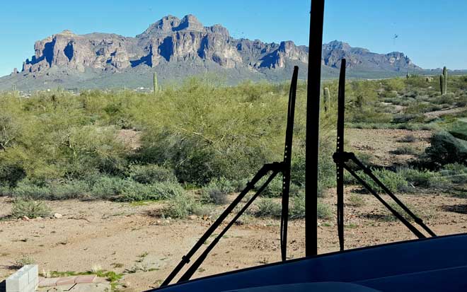 View of the Superstition Mountains from our camping location at the Apache Junction Elks Club