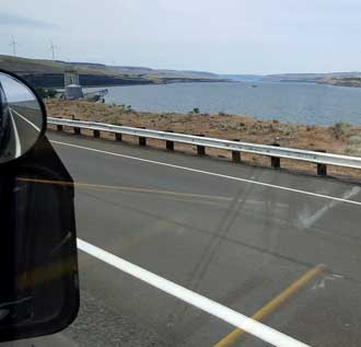 Looking west onto the Columbia River from a Greyhound bus