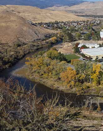 The view to the west from the trail, a panorama is behind the front photo showing the Truckee River flowing into Reno.