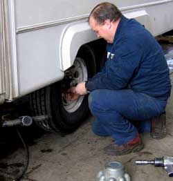 Pete installs the new TOYO tires.